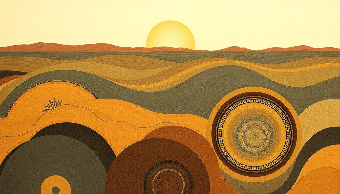 A bold, abstract painting in soft earth tones depicting interlocking geometric shapes and organic patterns, representing the intricate balance of soil, water, and agricultural practices in California's semiarid farming systems.