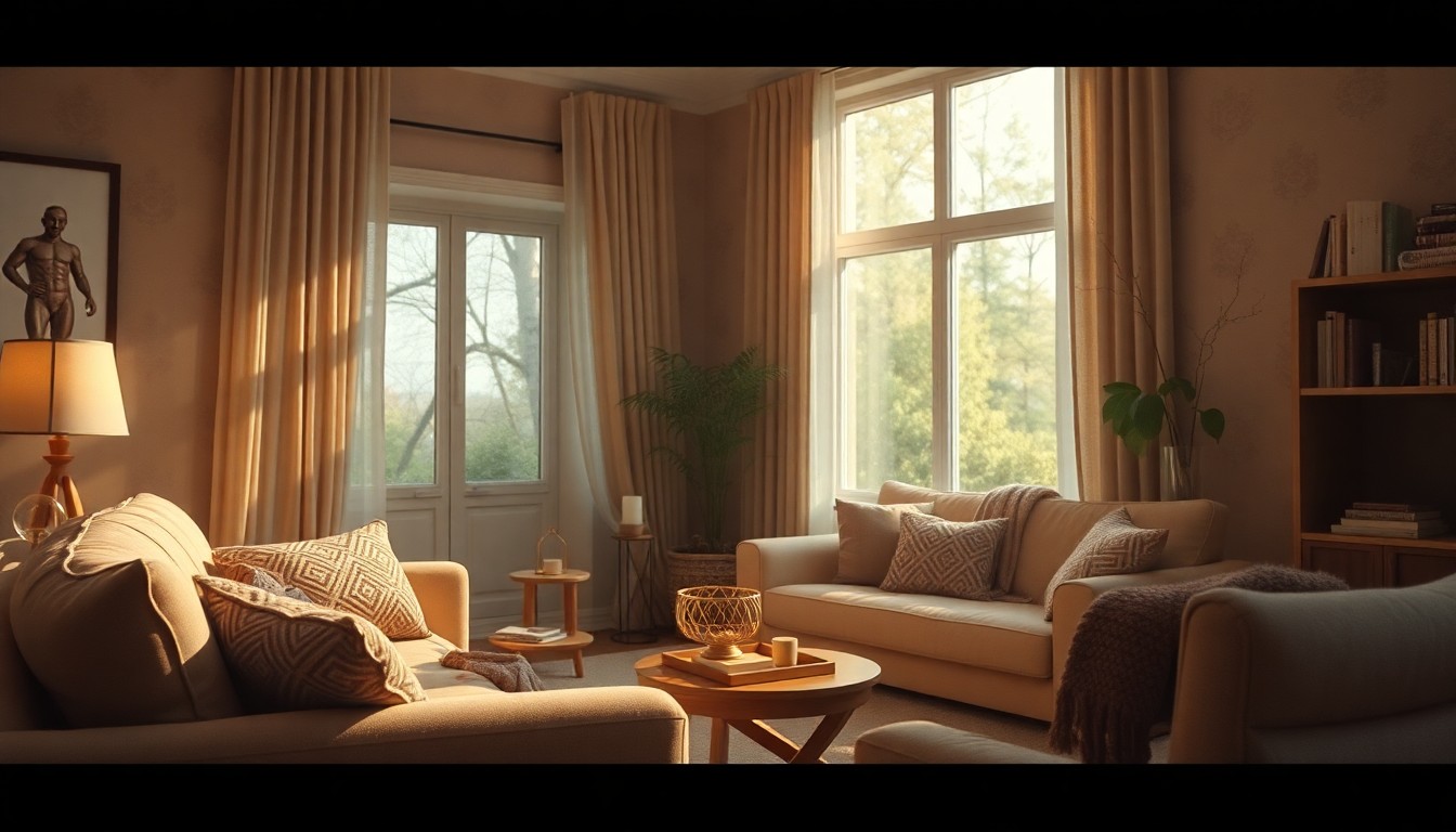An out-of-focus, warm-toned photograph depicting the cozy, inviting atmosphere of a well-appointed family room, with hints of natural light and greenery visible through a window.