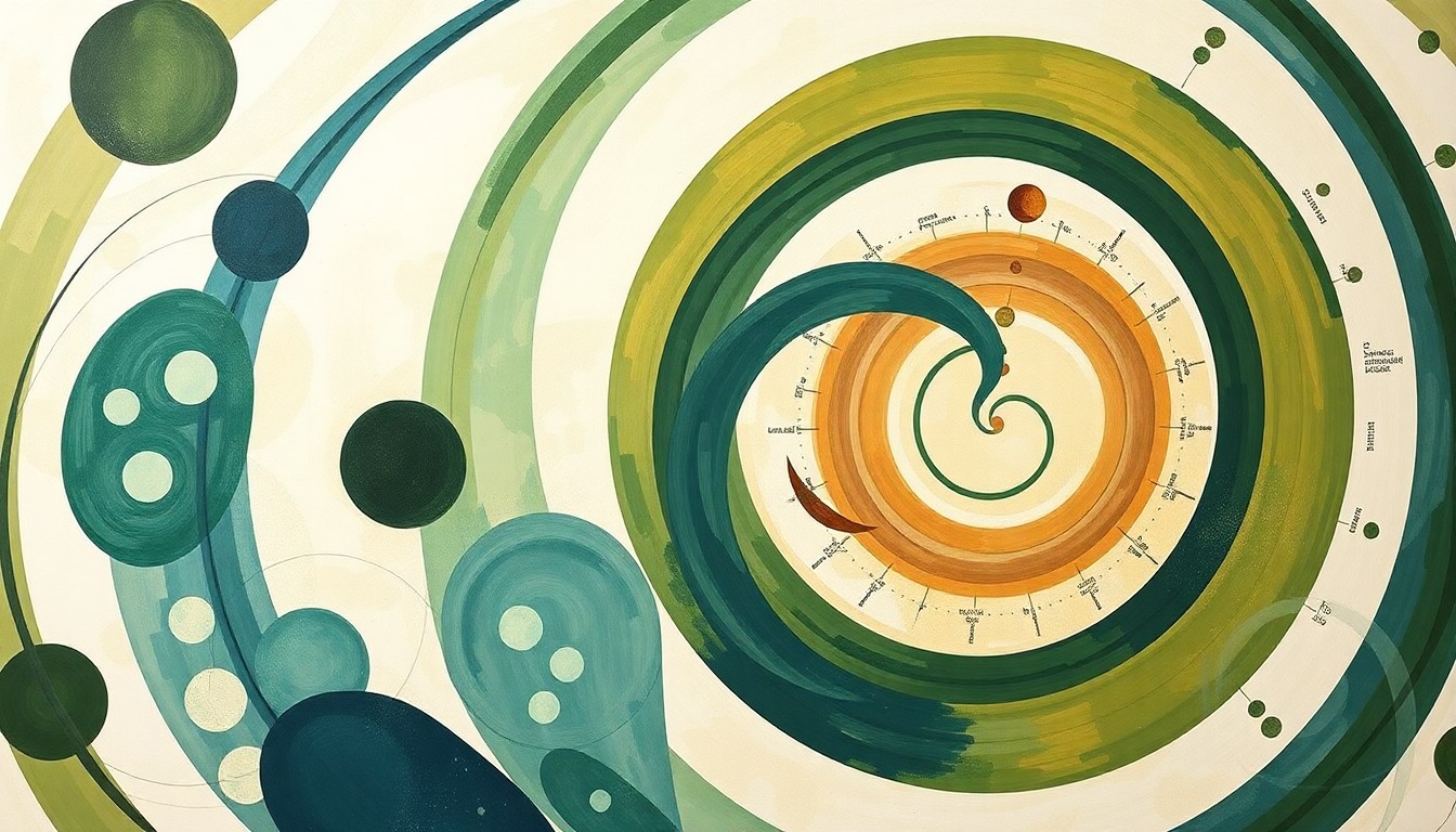 A highly structured abstract painting in earthy tones, featuring sweeping geometric arcs, concentric circles, and precise botanical spirals, conceptually illustrating the interconnected research institutes and centers at Penn State Harrisburg.