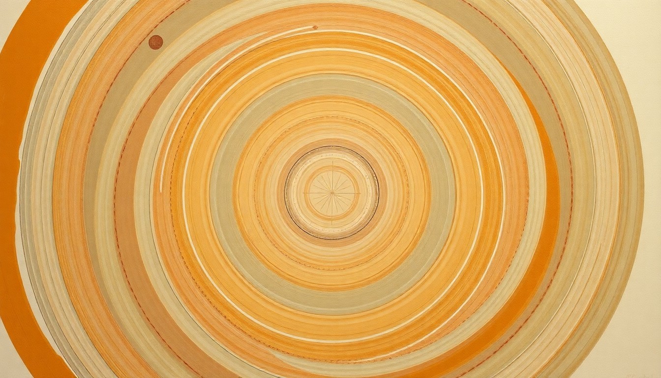 A highly textured, abstract painting in earthy tones of ochre, sienna, and sage green, featuring sweeping geometric arcs, concentric circles, and precise botanical spirals, conceptually representing the complex scientific forces and structures involved in soil health and gypsum amendment.