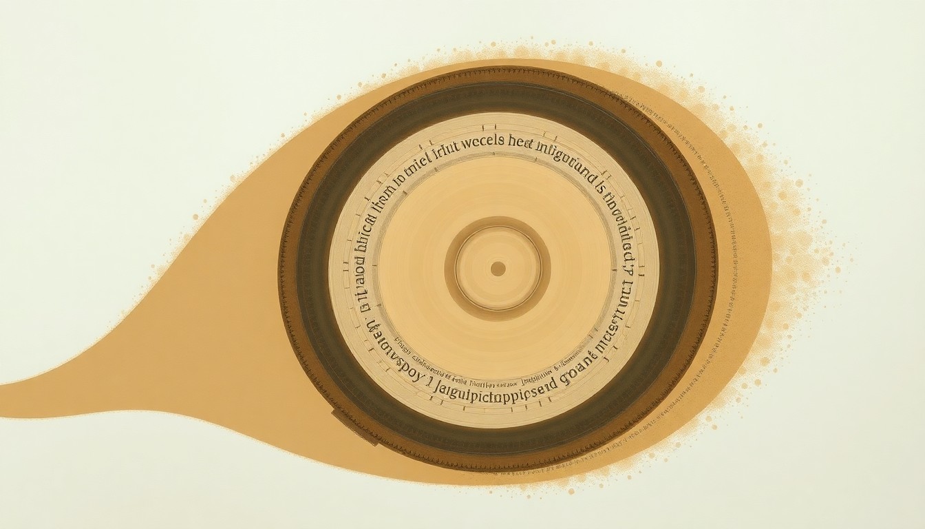 A highly structured abstract painting in soft, earthy tones depicting the complex interplay of natural forces and human-generated dust particles in an agricultural landscape, conveying the fragility of the ecosystem through sweeping geometric arcs, concentric circles, and precise botanical spirals.