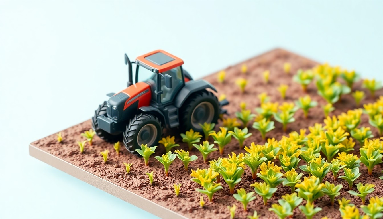 A miniature, stylized 3D diorama depicting a no-till farming scene with a tractor equipped with spiked wheels working in a field of lush, vibrant crops, conveying a sense of innovation and experimentation in sustainable agriculture.