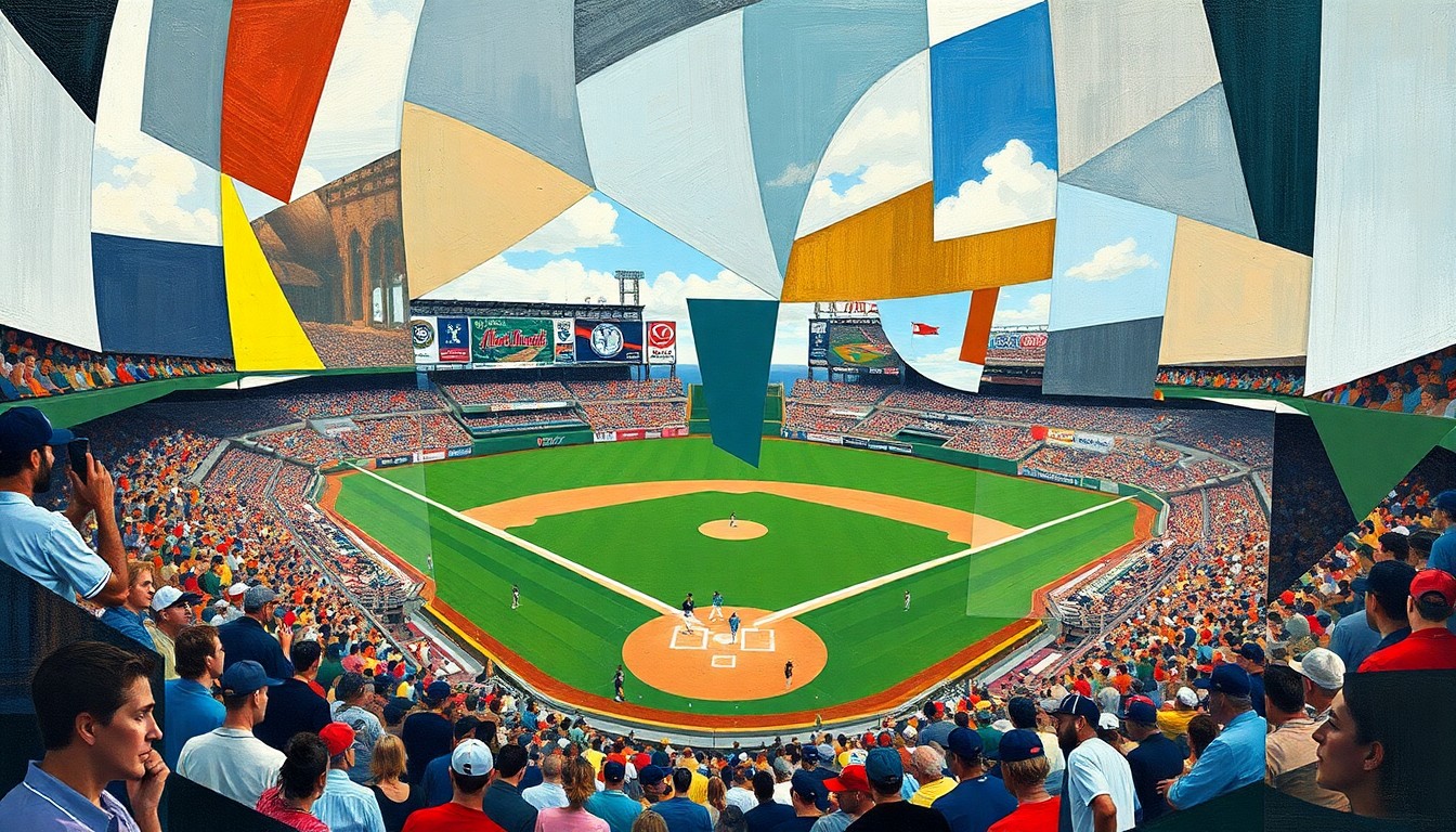 A fractured, multi-perspective painting featuring abstracted shapes and colors representing a baseball game, with no recognizable elements.