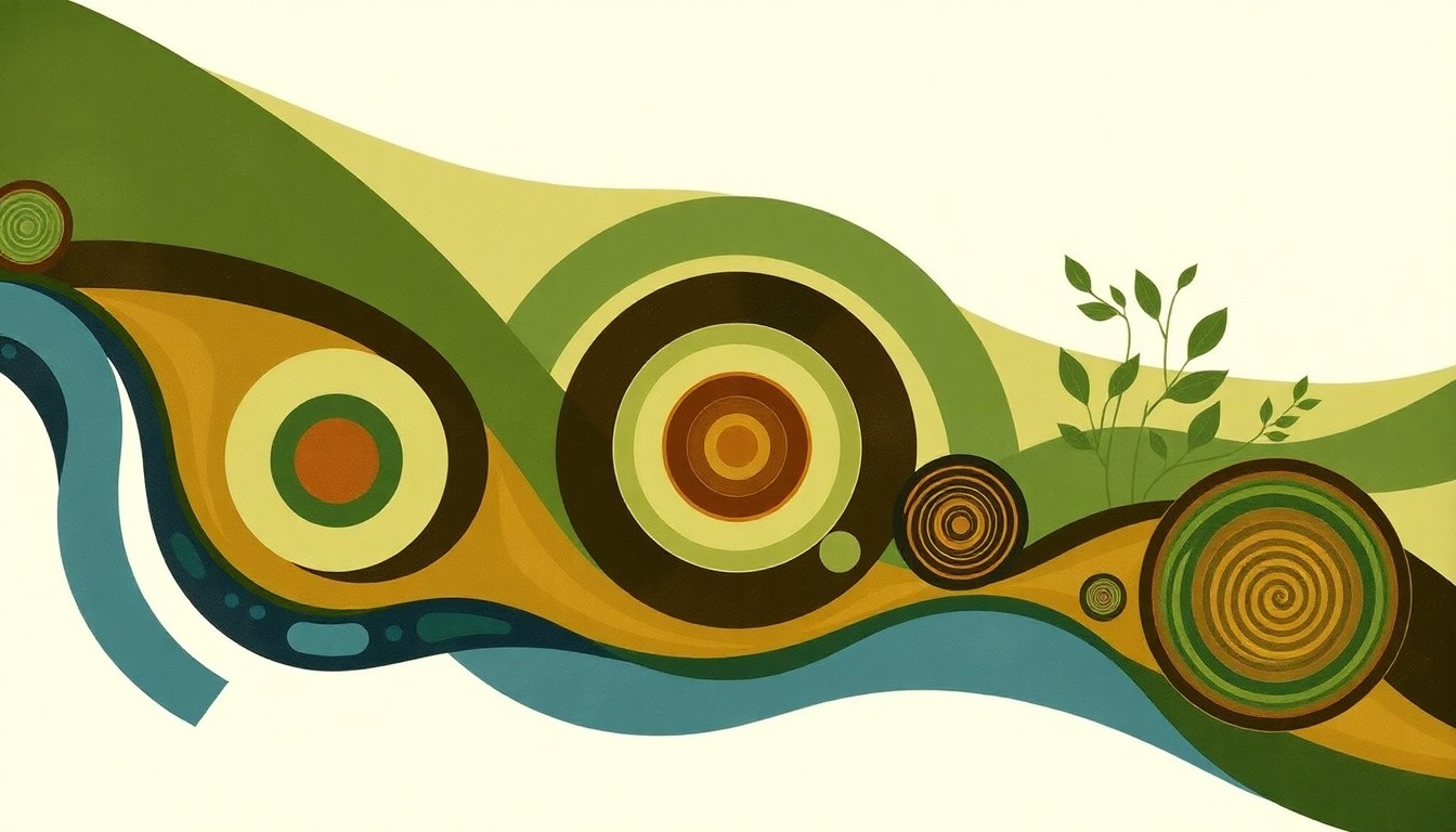 A highly textured, abstract painting in earthy tones featuring sweeping geometric shapes and botanical spirals, conceptually representing the complex factors contributing to phosphorus runoff in the Western Lake Erie Basin.