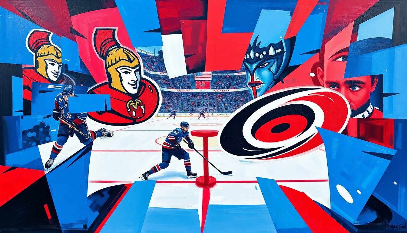 A fractured, geometric painting in bold blue, red, and white colors, depicting an abstract hockey game between the Ottawa Senators and Carolina Hurricanes, with sharp, overlapping planes representing the players and action on the ice.