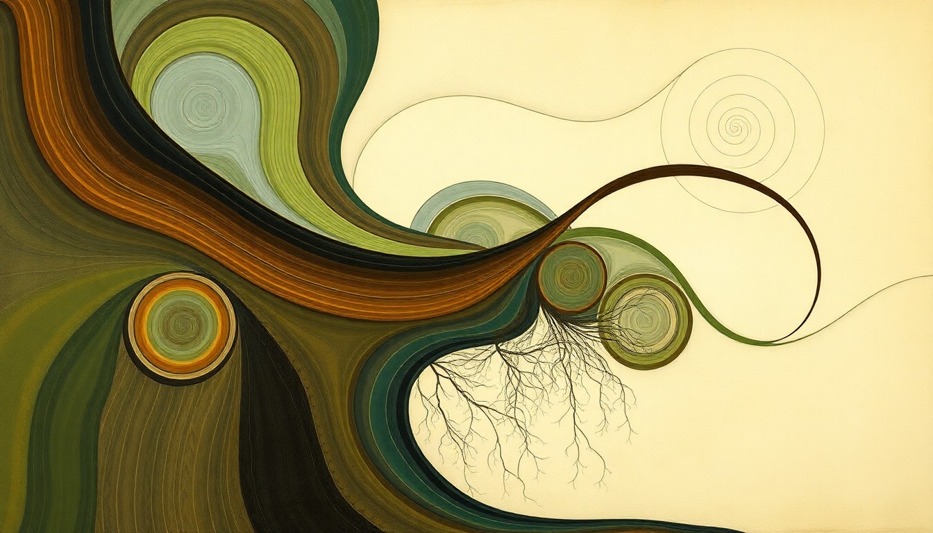 A bold, highly structured abstract painting in muted earth tones, featuring sweeping geometric arcs, intersecting waveforms, and precise botanical spirals, conceptually visualizing the structural order and natural processes involved in vertical tillage to improve soil conditions.