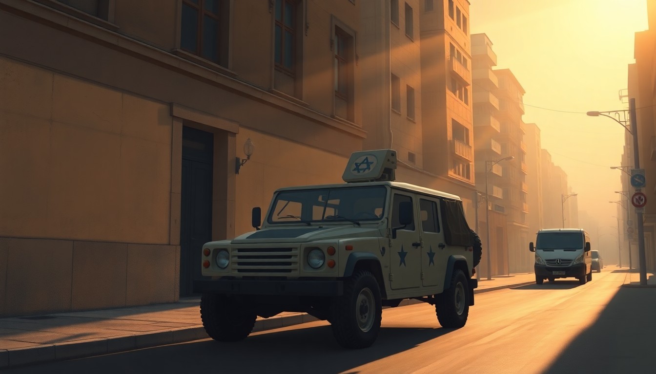 A photorealistic painting of an Israeli military vehicle parked alone on a shadowy urban street, capturing a sense of quiet contemplation and unease in the aftermath of conflict.