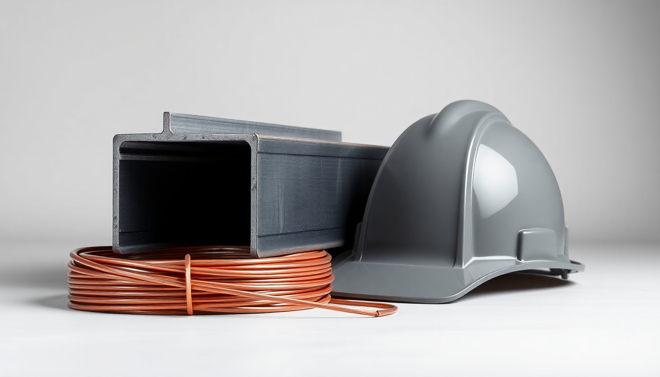 A high-end, photorealistic studio still-life photograph featuring a polished steel I-beam, a coil of copper wire, and a hardhat, arranged elegantly on a clean, monochromatic background. The objects represent the core materials and engineering solutions that L.B. Foster provides to its customers, conveying the strength, durability, and precision of the company's products.