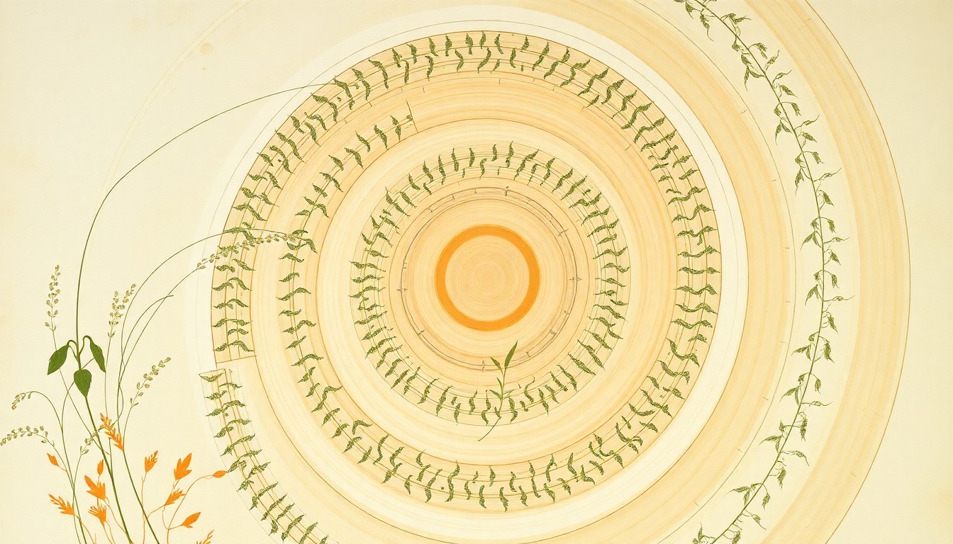 A highly structured abstract painting in soft, earthy tones, featuring sweeping geometric arcs, concentric circles, and precise botanical spirals, conceptually representing the delicate balance of modern agriculture and the regulatory challenges surrounding the herbicide dicamba.