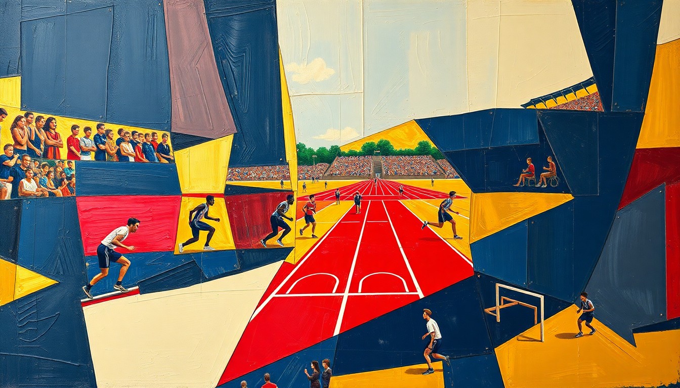 A fragmented, geometric painting depicting the motion and action of a track and field competition, with sharp planes of navy, crimson, and gold.