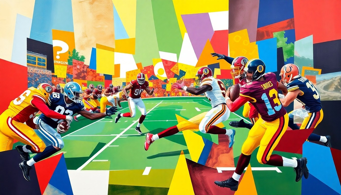 A cubist, geometric painting featuring overlapping planes of bright colors representing the dynamic movements and energy of a football player in action.