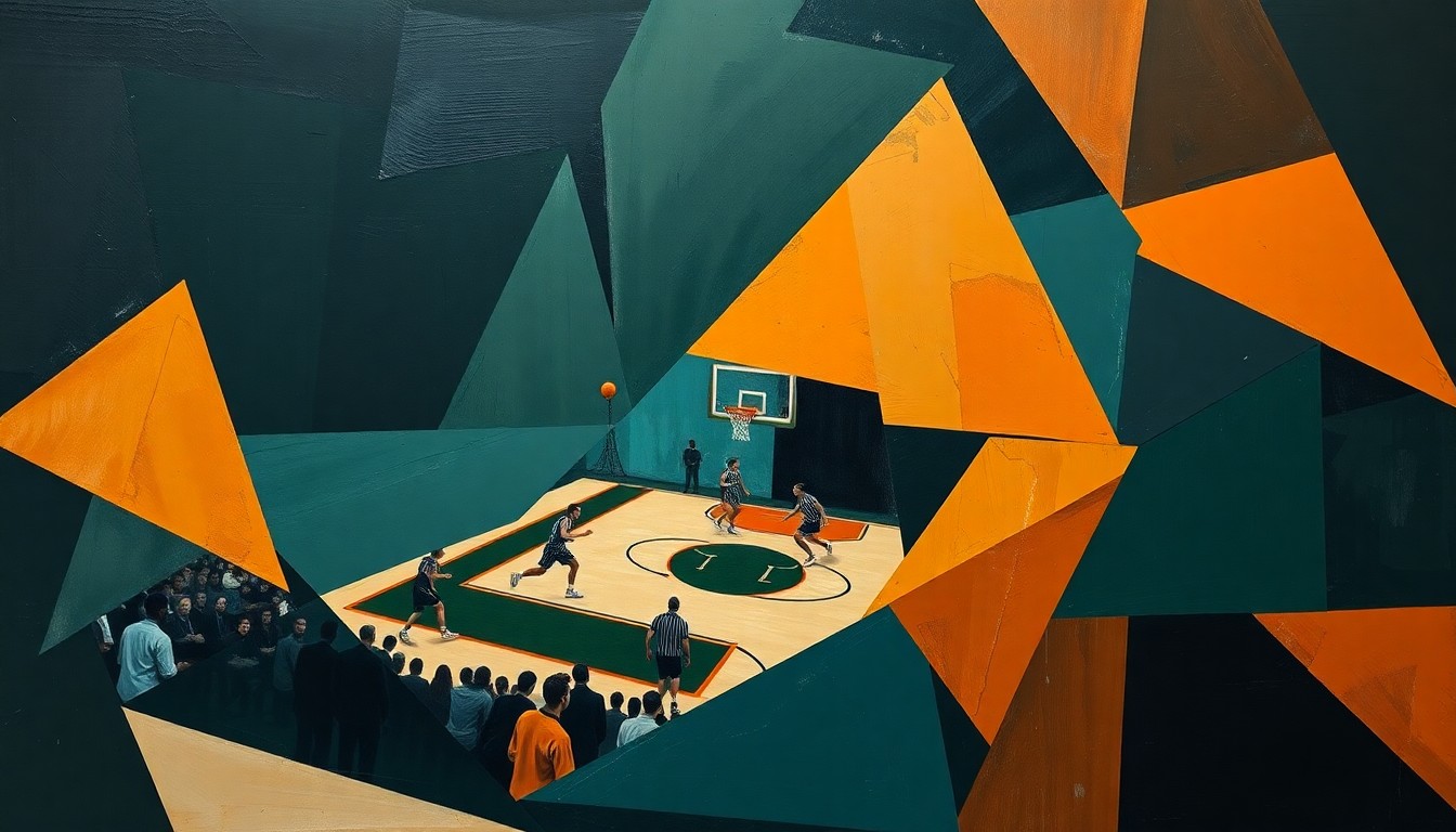 A cubist, geometric painting depicting a fragmented basketball court and players, with sharp, overlapping shapes in muted colors representing the shifting dynamics of the Warriors' organization.