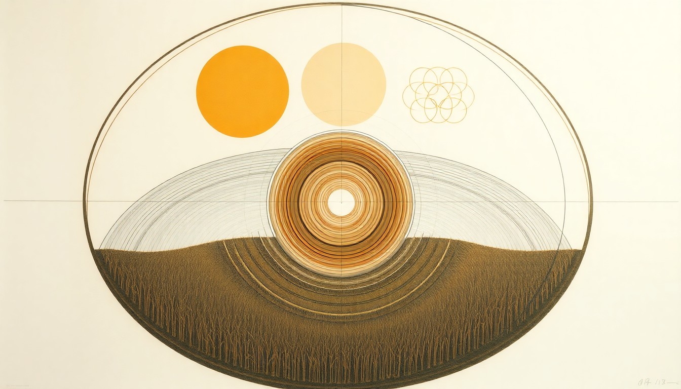 A bold, highly structured abstract painting featuring sweeping geometric arcs, concentric circles, and precise botanical spirals in earthy tones, conceptually representing the complex interplay of scientific forces and agronomic factors that impact no-till corn growth.