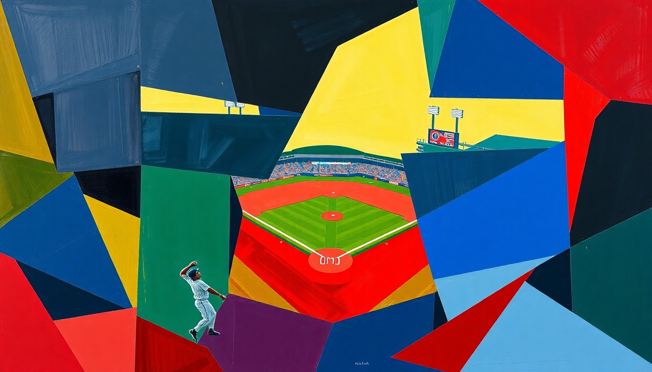 A cubist-style painting featuring overlapping geometric shapes and planes in shades of navy, green, and red, conceptually representing the action and excitement of a baseball game.