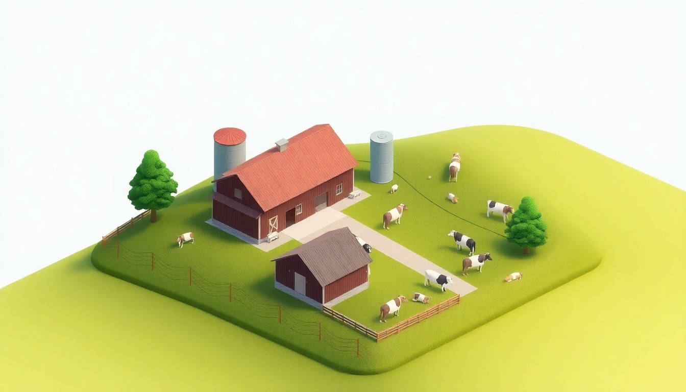 A miniature, stylized 3D digital illustration depicting a dairy farm nestled in a hilly landscape, with a small barn, silo, and pastures with cows grazing, all rendered in a clean, modern isometric perspective with soft lighting and bold, earthy colors.