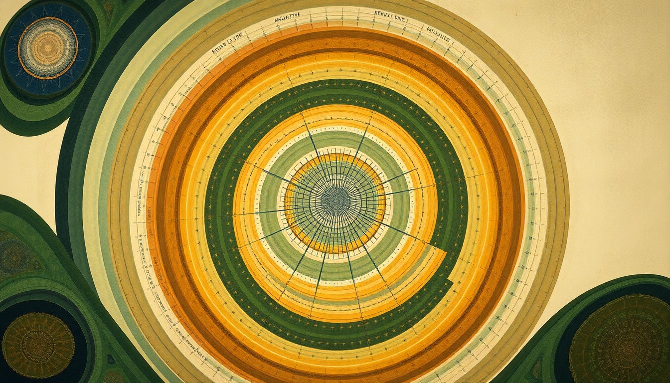 A highly textured, abstract painting in earthy tones of green, brown, and ochre, featuring sweeping geometric arcs, concentric circular patterns, and precise botanical spirals, conceptually representing the complex, interconnected systems of regenerative agriculture.