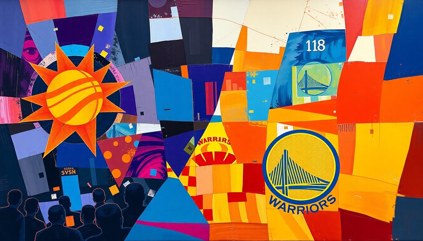 A cubist, geometric painting depicting a basketball game between the Phoenix Suns and Golden State Warriors, with the players and court broken down into sharp, overlapping shapes and planes in the team's official colors.