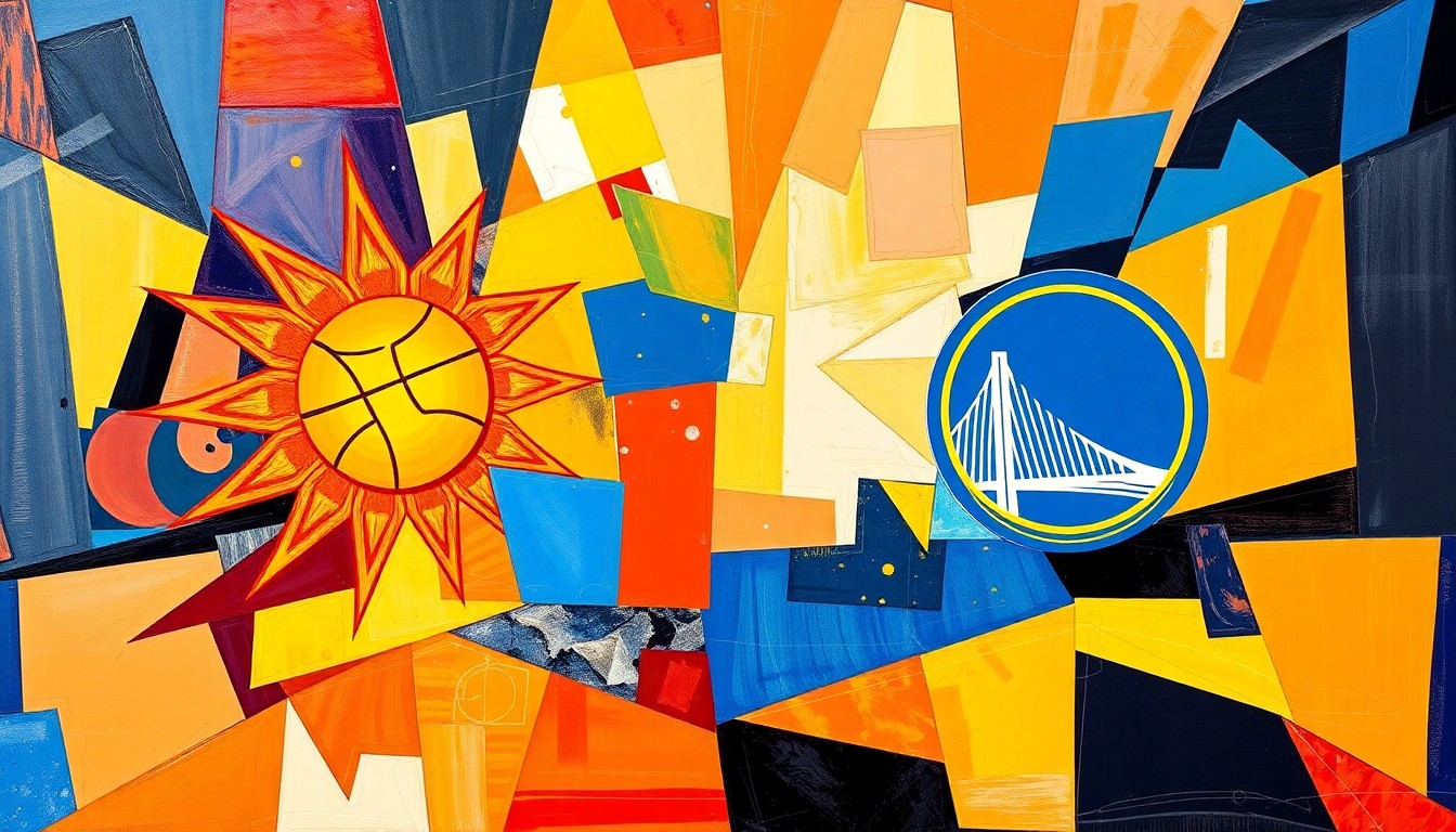 A cubist, geometric painting depicting a basketball game between the Phoenix Suns and Golden State Warriors, with the players and court fragmented into sharp, overlapping planes of color.