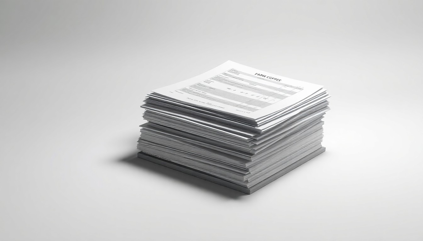A high-end, photorealistic studio still-life photograph featuring a stack of carefully organized farm records, receipts, and forms arranged elegantly on a clean, monochromatic background, conceptually representing the abstract idea of efficient farm office management.