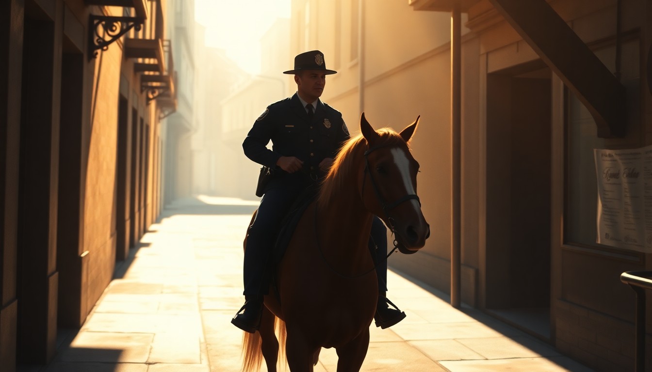 A serene, cinematic painting depicting a mounted police officer on horseback in a sunlit urban alleyway, the warm light and deep shadows creating a nostalgic, contemplative mood that reflects the importance of the mounted police unit to the Bethlehem community.