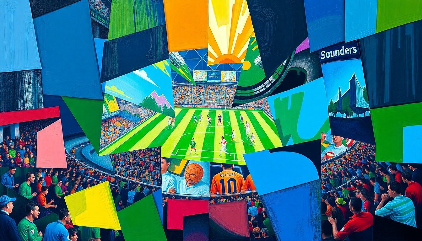 A cubist, geometric painting depicting a Sounders soccer match, with overlapping planes of bright greens, blues, and reds representing the players, field, and stadium environment.