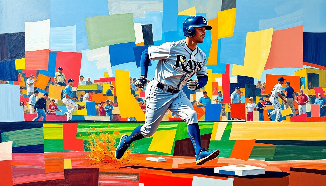 A fragmented, geometric painting depicting a baseball player running, with the sharp planes and vibrant colors evoking the energy and movement of the sport.