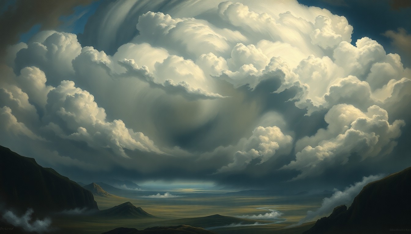 A vast, atmospheric landscape painting in muted tones of gray, blue, and green, depicting a massive, swirling storm system dominating the horizon and dwarfing any physical structures or objects in the foreground, conveying a sense of the overwhelming, sublime power of nature.