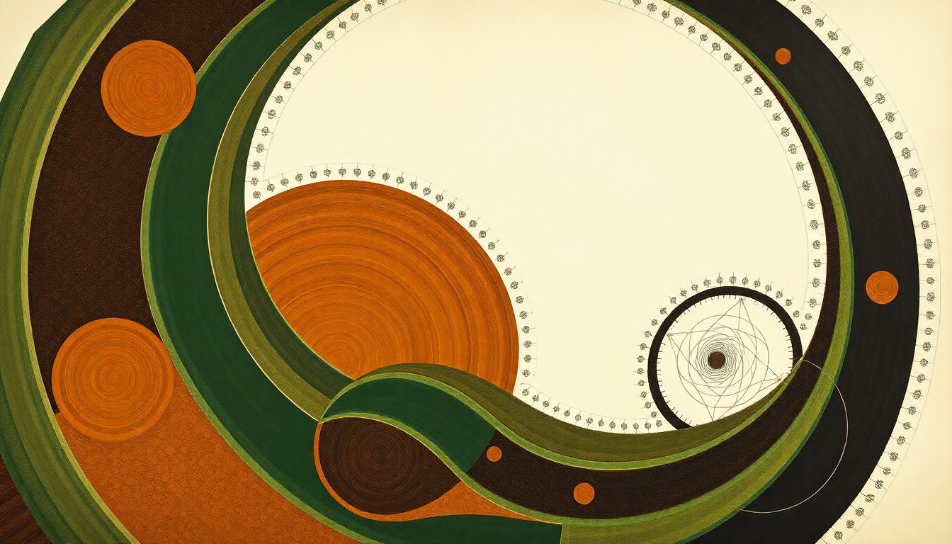 A bold, highly structured abstract painting featuring sweeping geometric arcs, concentric circular patterns, and precise botanical spirals in earthy tones of green, brown, and ochre, conceptually representing the complex systems and natural cycles of sustainable no-till agriculture.