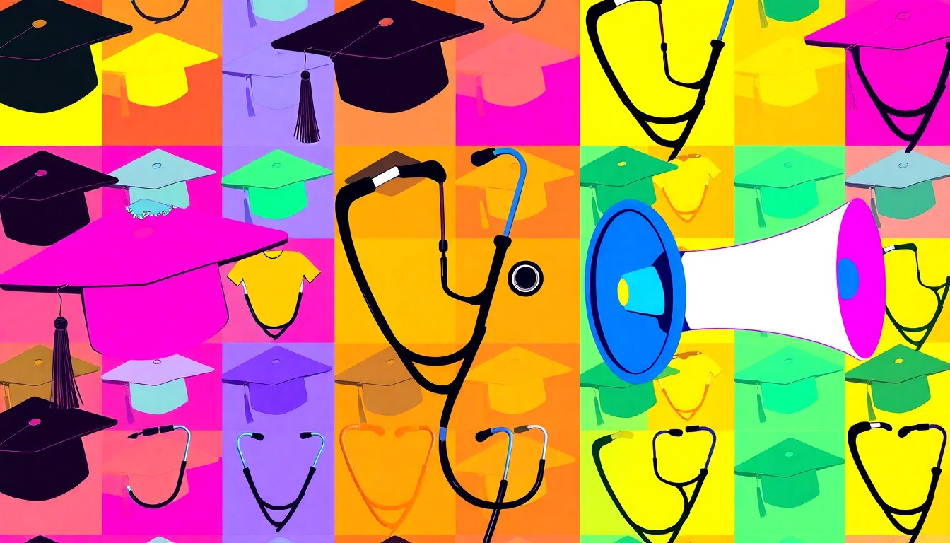 A brightly colored, high-contrast silkscreen print of a graduation cap, medical stethoscope, and advocacy megaphone repeated in a tight grid pattern, conceptually representing a student's dedication to education, healthcare, and community empowerment.