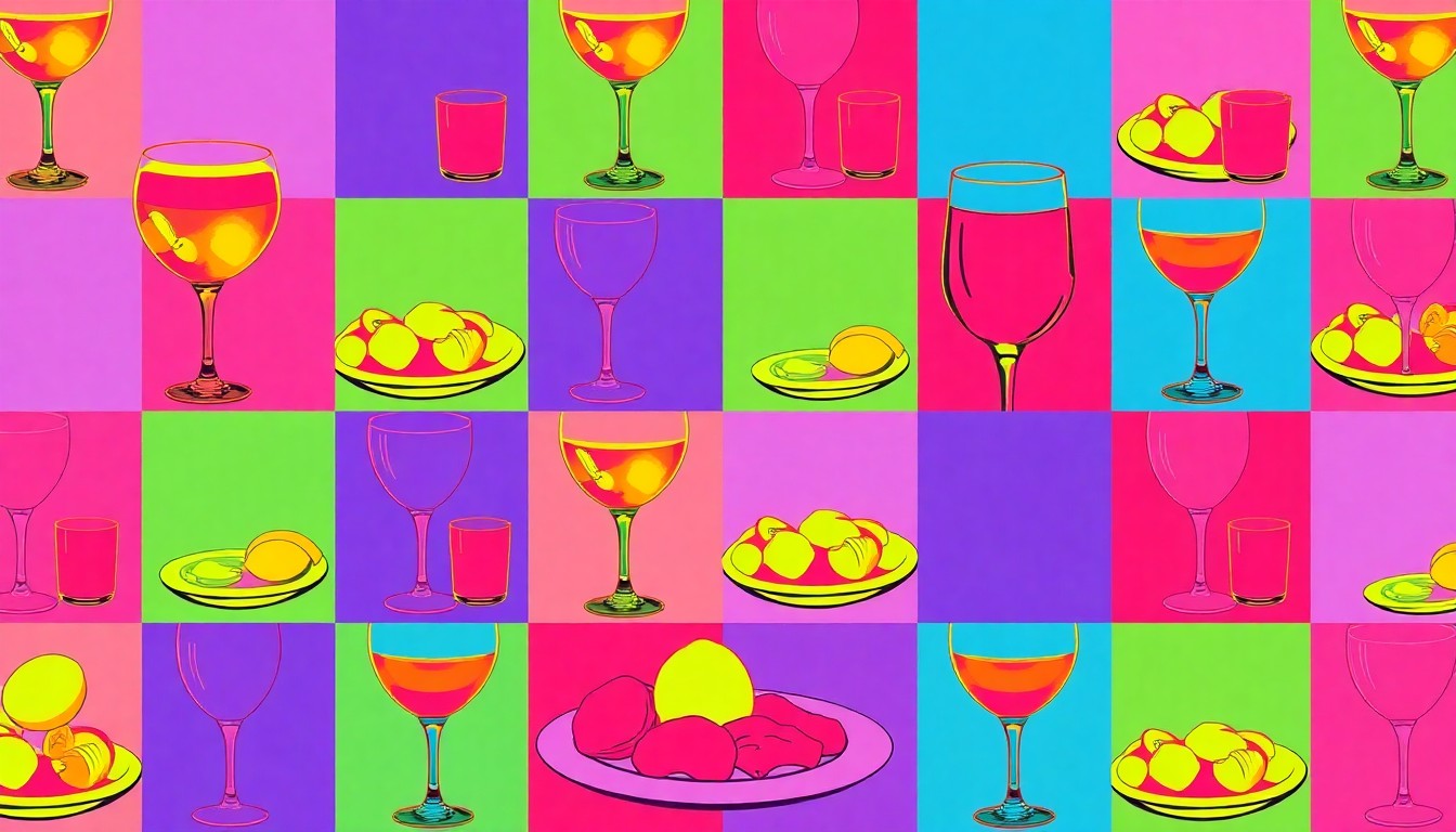 A brightly colored, high-contrast silkscreen print of a cocktail glass or plate of food, repeated in a tight grid pattern in the style of Andy Warhol, conceptually representing the vibrant, pop art-inspired atmosphere and menu of Fresco Grill.