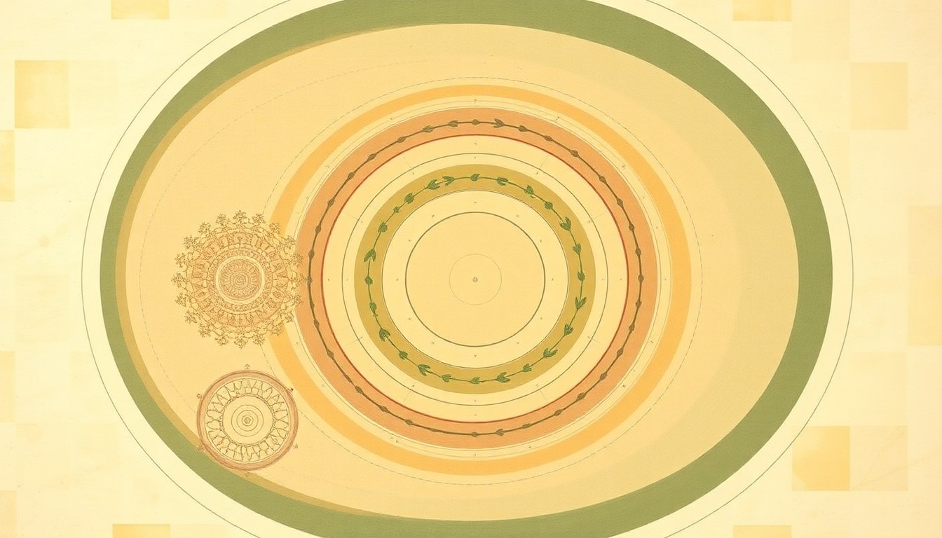 A bold, abstract painting in soft greens, browns, and blues, featuring sweeping geometric arcs, concentric circular patterns, and precise botanical spirals, conceptually representing the structural order and interconnectedness of diverse agricultural crop rotation systems.