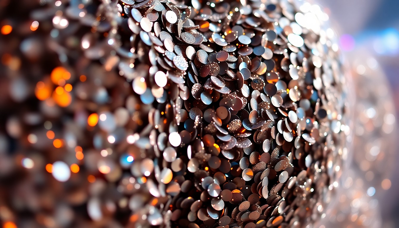 An abstract close-up photograph featuring a dazzling array of shimmering sequins and glittering disco ball fragments, conveying the celebratory mood and high-fashion aesthetic of the Coachella performance.