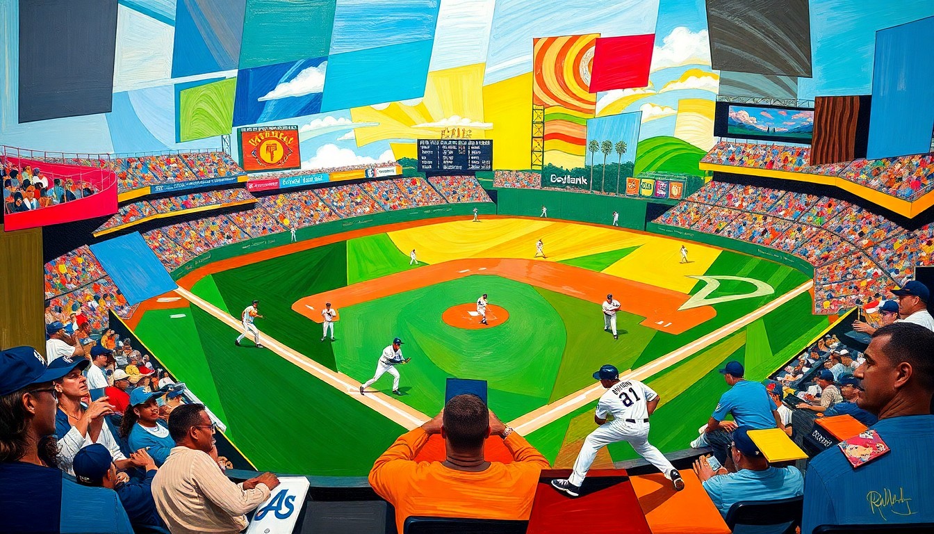 A fragmented, geometric painting depicting a baseball game, with sharp planes of color representing the players, field, and stadium elements. The artwork has a dynamic, multi-angled perspective that captures the energy and intensity of the competition.