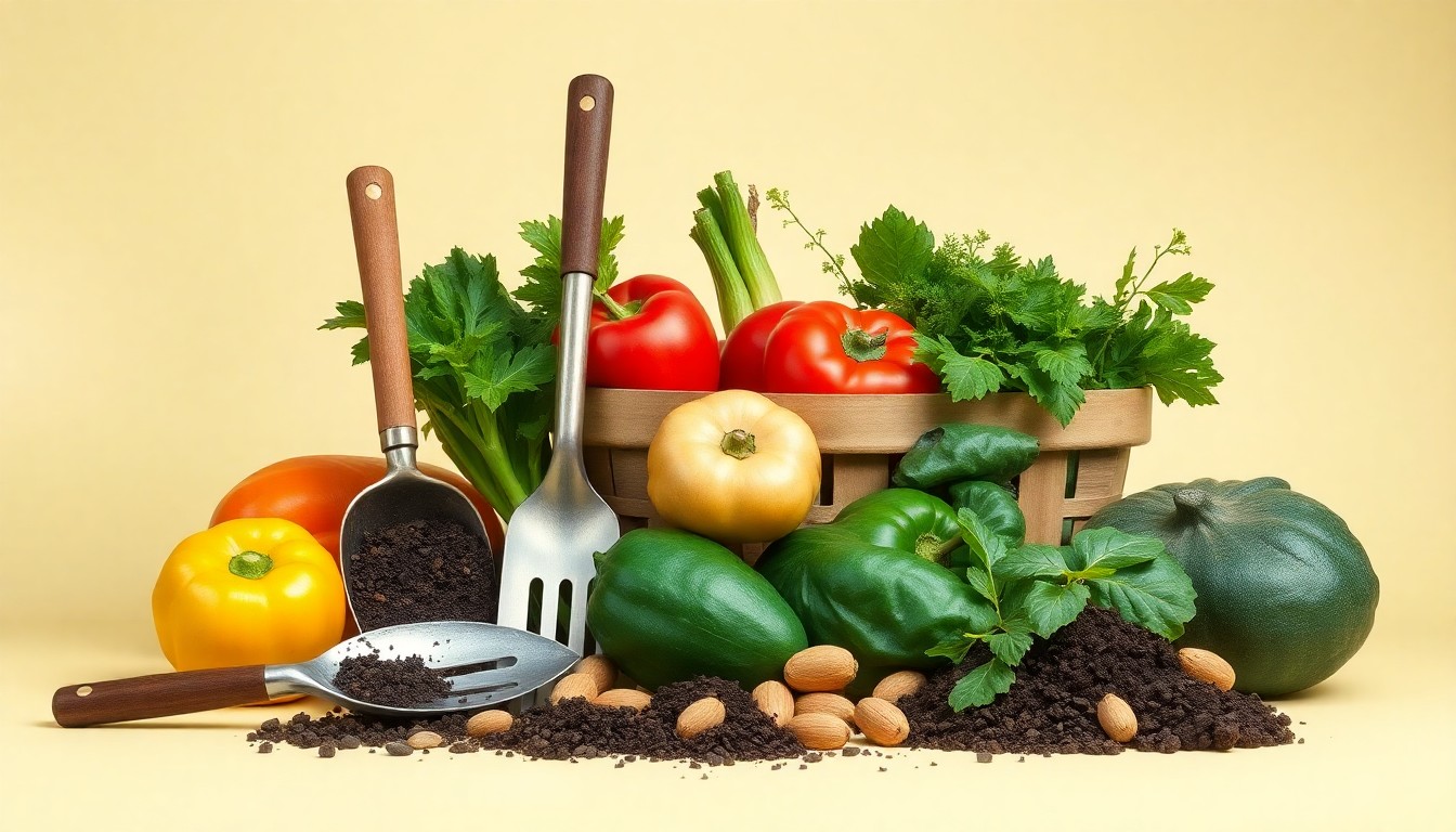 A photorealistic studio still life featuring a carefully arranged composition of polished farm tools, organic produce, and soil samples on a clean, monochromatic background, conceptually representing the sustainable farming practices of the recognized nutrient management practitioners.