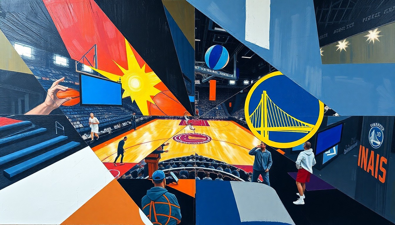 A cubist, geometric painting depicting a basketball game or match, with the players and court broken down into sharp, overlapping planes of color and shape, conveying the intensity and energy of the competition.