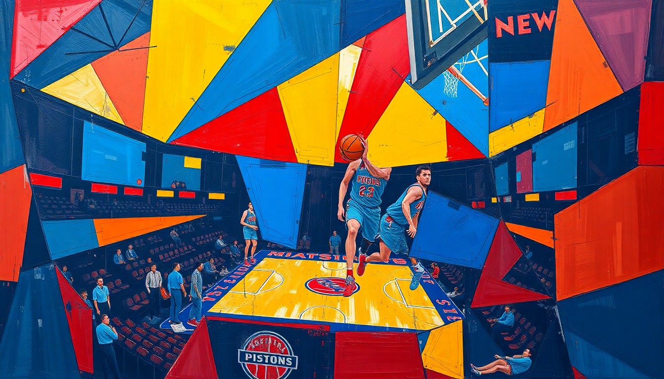 A cubist, geometric painting depicting a Pistons basketball game, with sharp, overlapping planes of blue, red, and yellow conveying the team's physical, defensive-minded identity.