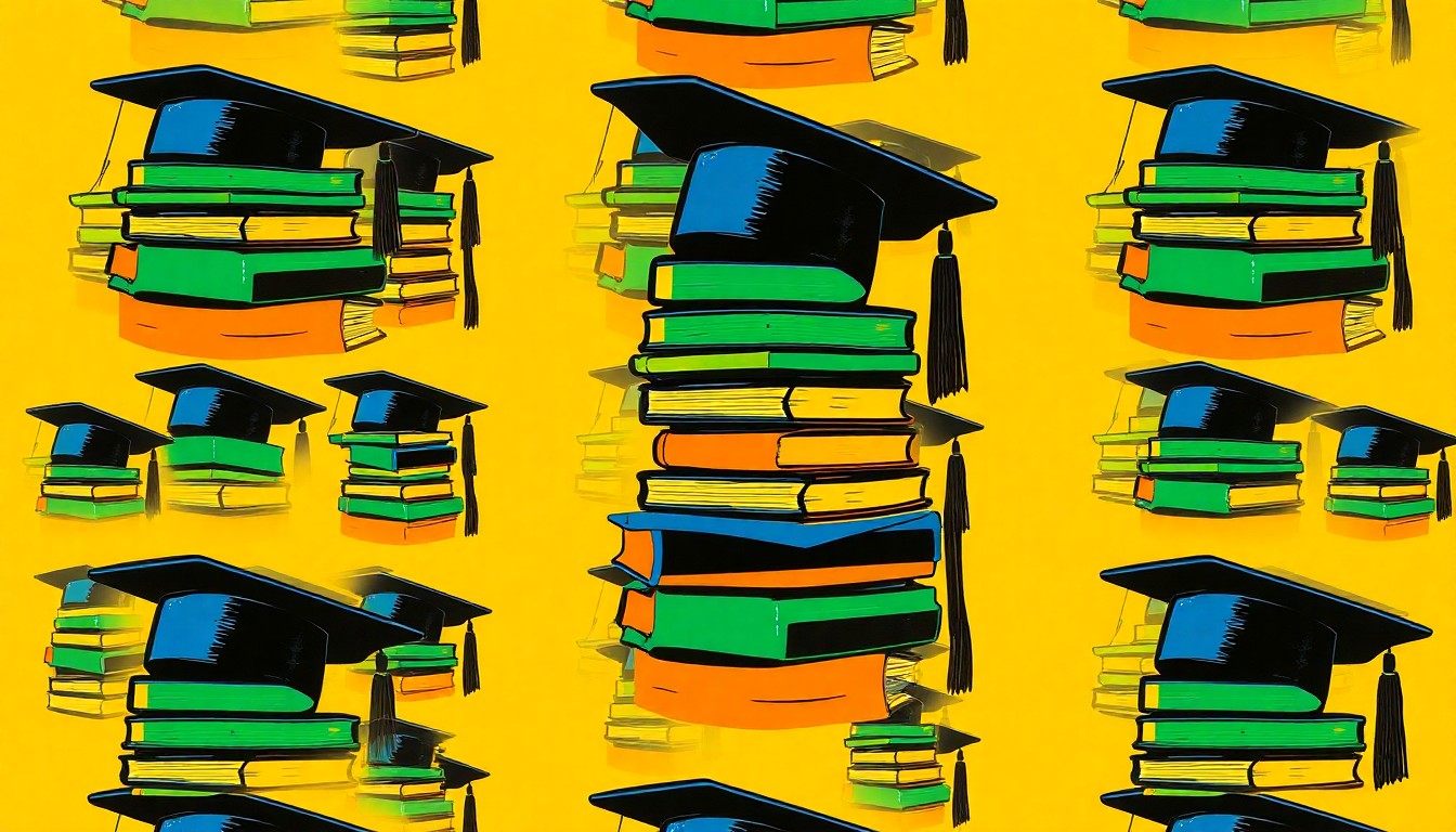 A bold, colorful silkscreen-style illustration featuring repeating icons of academic items like textbooks, graduation caps, and mortar boards, representing the educational focus of Stanislaus State's annual fundraising drive.