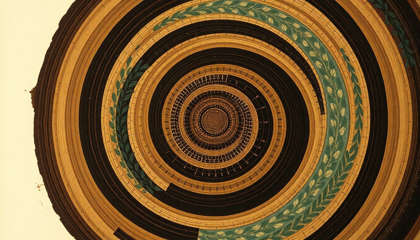 A bold, highly structured abstract painting featuring sweeping geometric arcs, concentric circular patterns, and precise botanical spirals in earthy tones of brown, green, and blue against a clean background, conceptually representing the complex interplay of soil, water, and plant life in a no-till farming system.