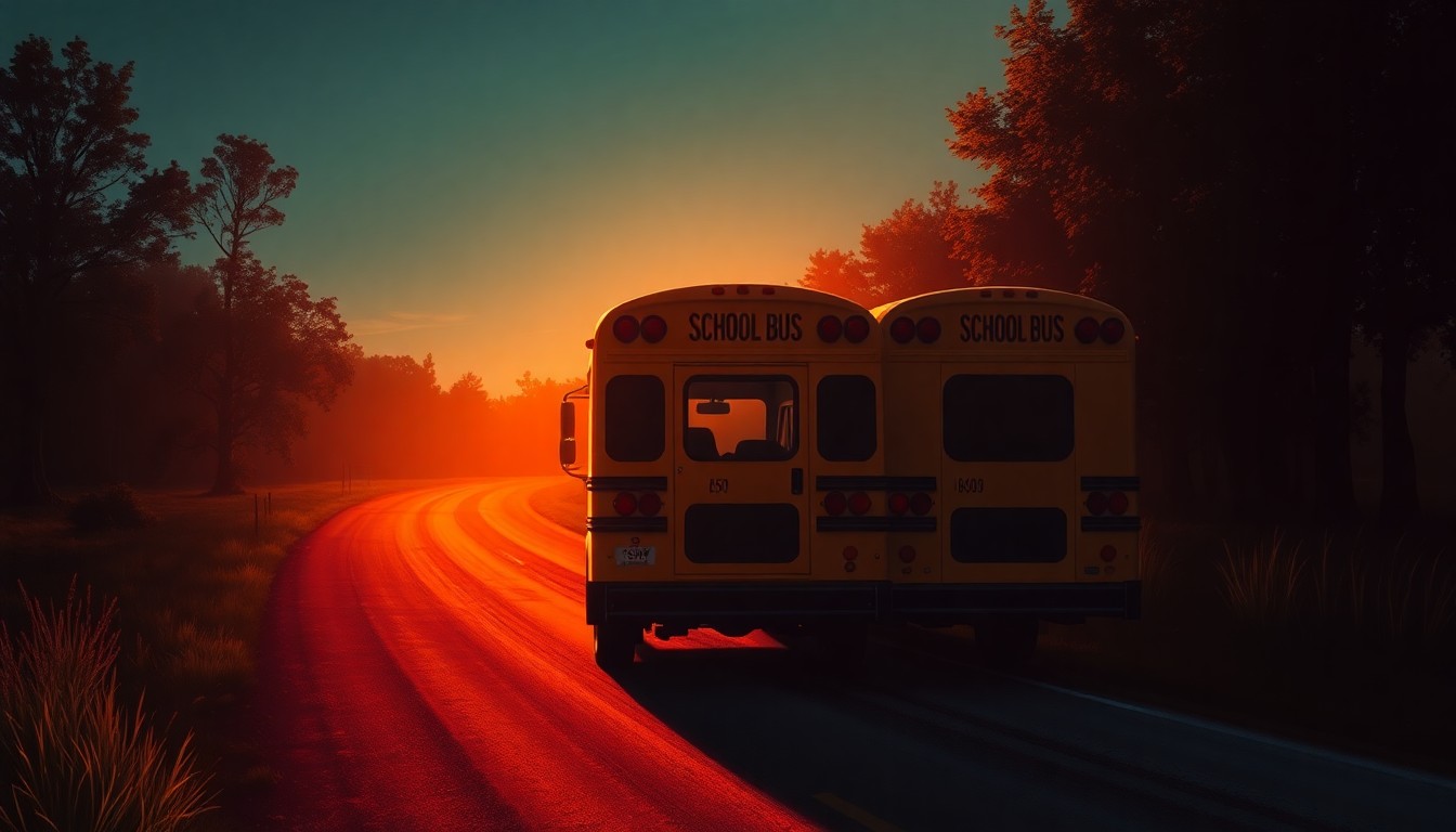 A serene, cinematic painting of an empty school bus parked on a rural road, with warm sunlight and deep shadows creating a contemplative mood that reflects the complex issues at the heart of this local education controversy.