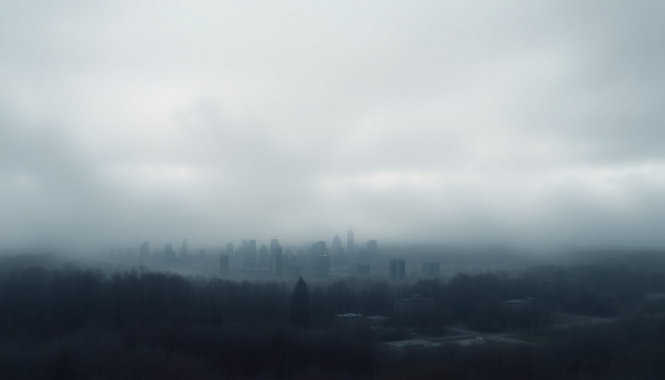 A vast, atmospheric landscape painting depicting the Oklahoma City skyline shrouded in a thick, moody fog, with the city's buildings and landmarks barely visible against the overwhelming scale of the natural environment.