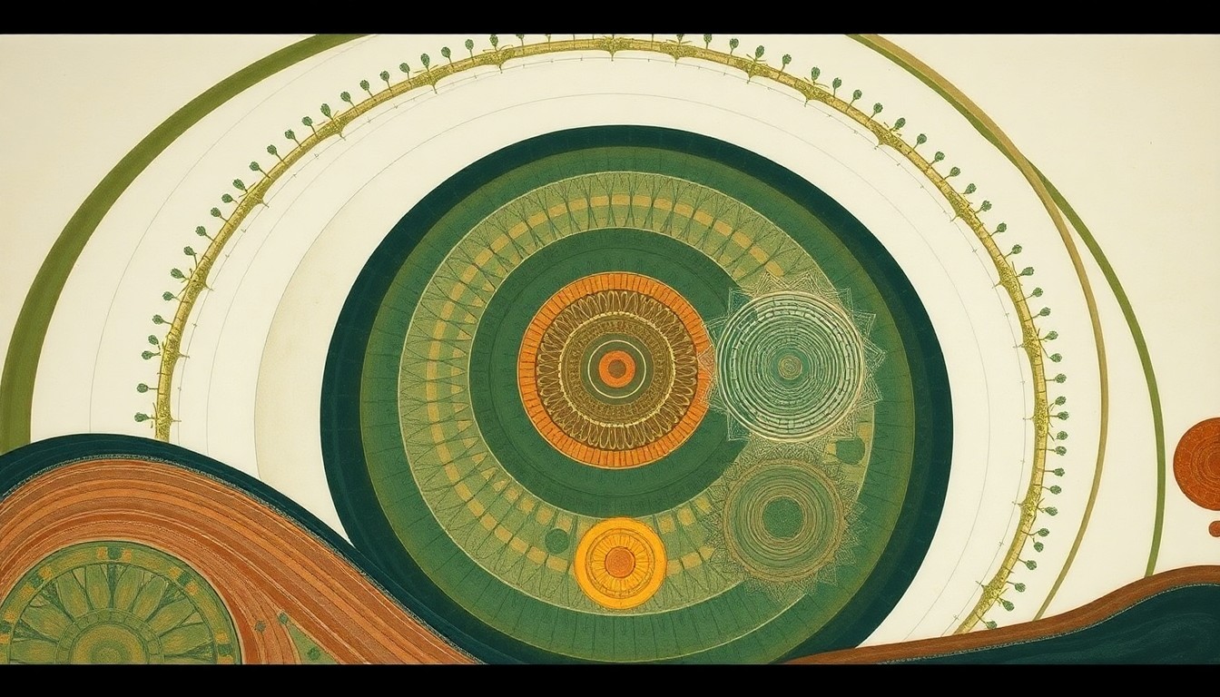 A highly textured, abstract painting in earthy tones of green, brown, and ochre, featuring sweeping geometric arcs, concentric circular patterns, and precise botanical spirals. The composition resembles a complex scientific diagram, visually conveying the interconnected natural forces and biological processes at work in a sustainable no-till farming ecosystem.