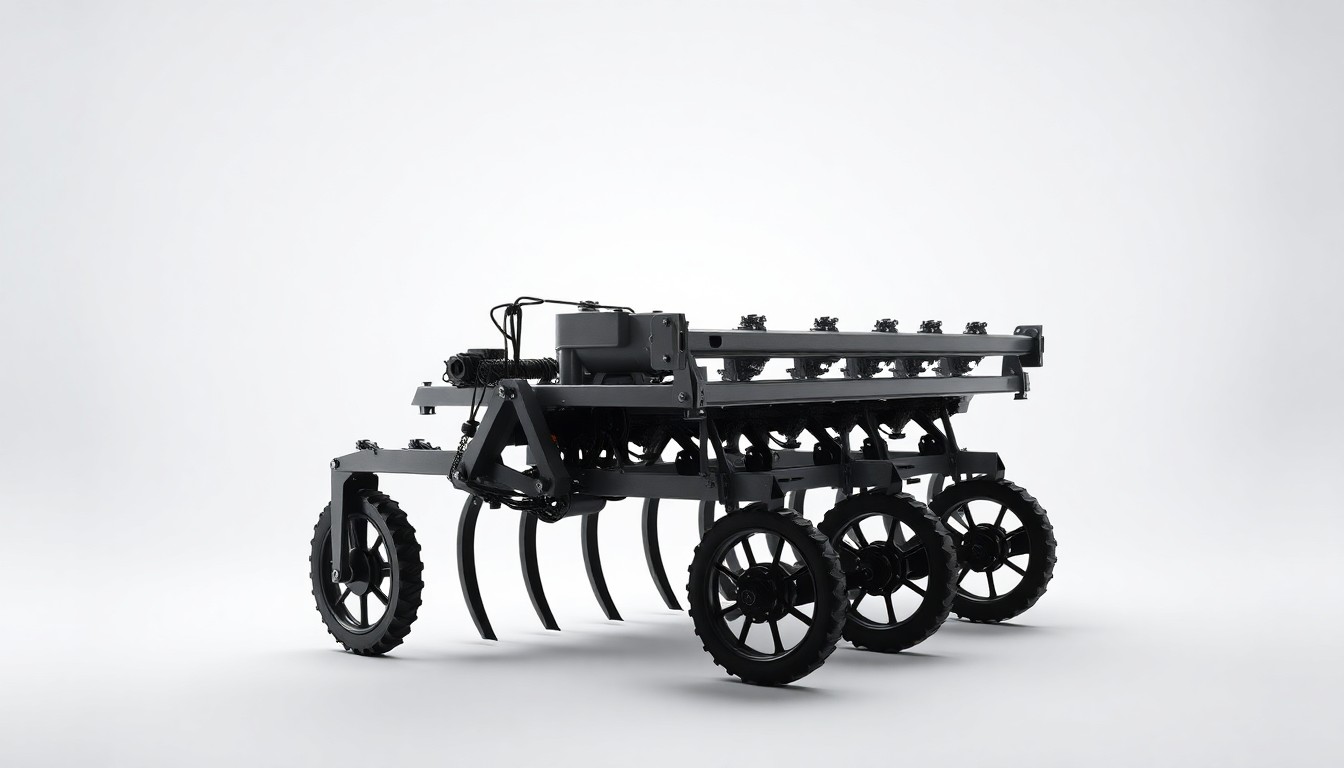 A photorealistic studio still life of a gleaming, polished no-till drill planter against a clean, monochromatic background, conceptually representing the transformative potential of new farming technology.