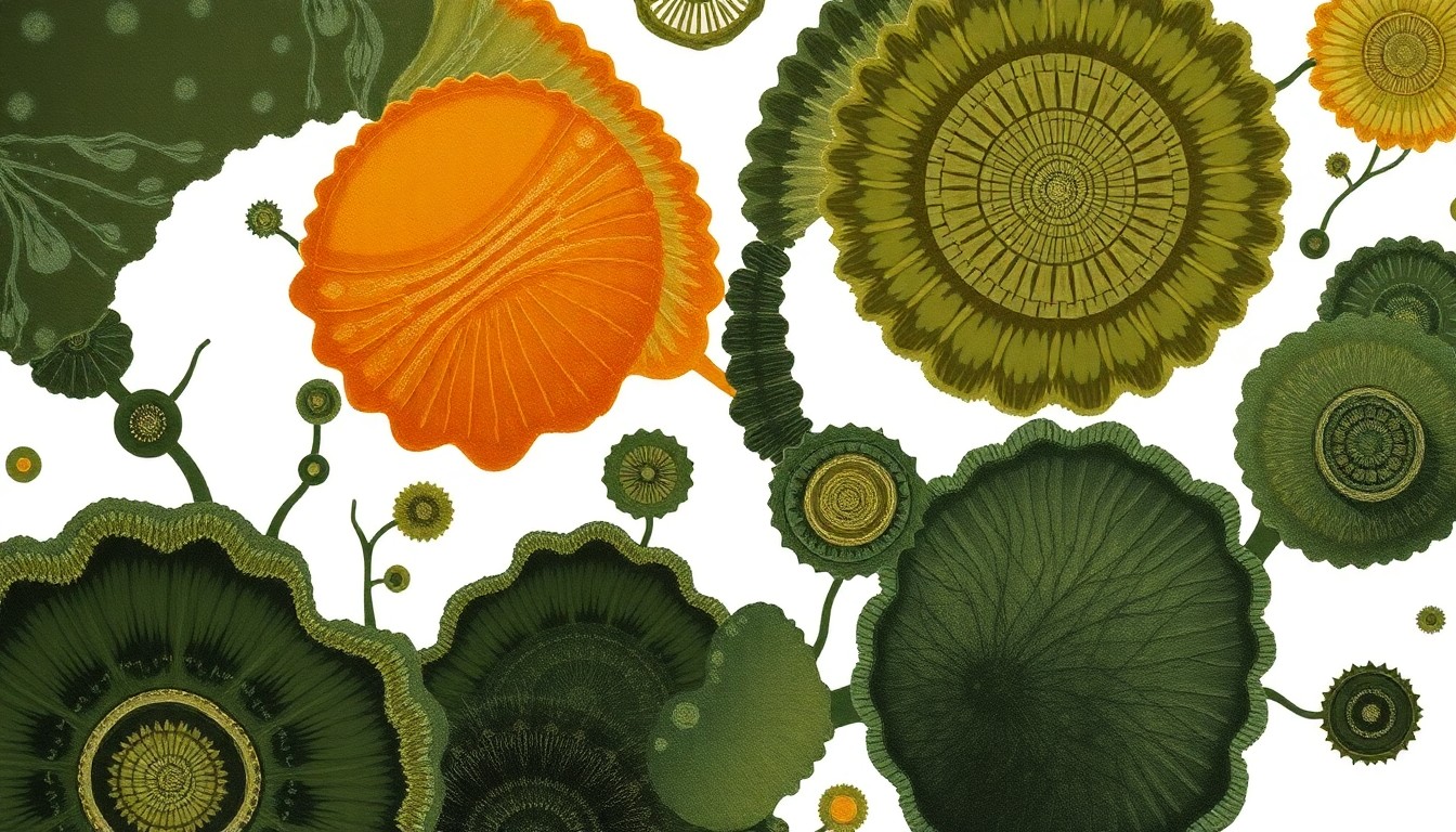 A highly textured, abstract painting in earthy tones depicting intricate, swirling botanical forms and geometric shapes, conceptually representing the complex survival mechanisms of plant-damaging fungi.