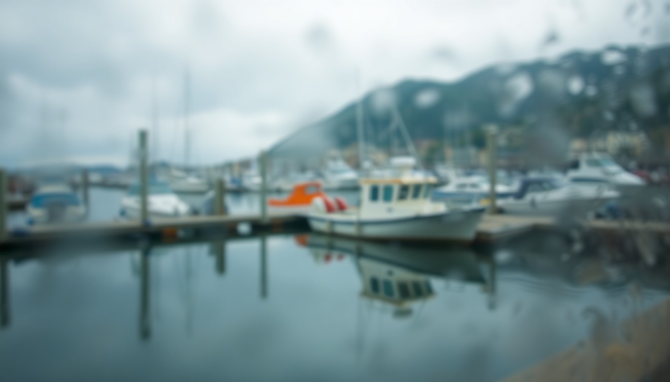 An abstract, impressionistic scene of a small fishing boat docked in a marina, with the boat's outline and details obscured by soft, out-of-focus pools of muted blue, gray, and green tones, creating a serene, meditative mood.