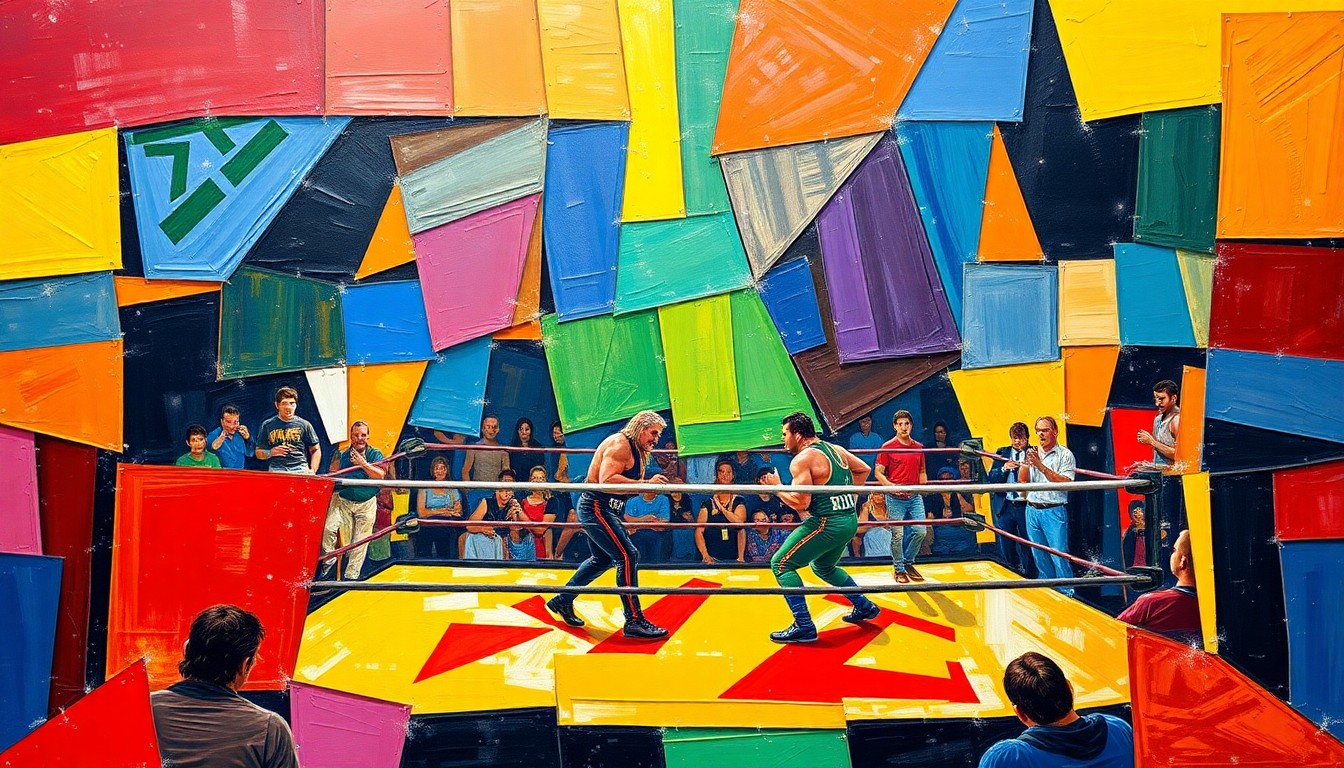 A cubist-style painting featuring fragmented, overlapping geometric shapes in bold primary colors, conceptually representing the action and intensity of a professional wrestling match.