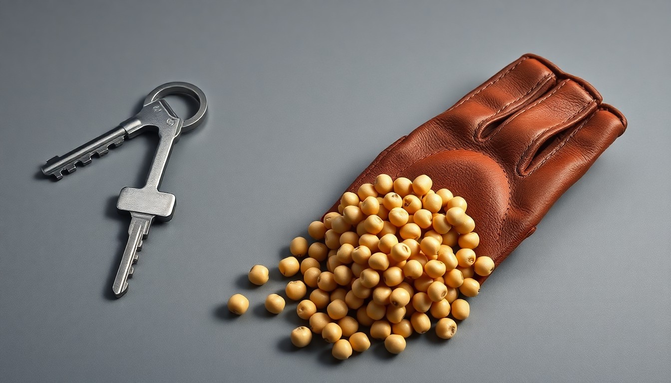 A close-up studio photograph featuring a tractor key, a worn leather glove, and freshly harvested soybeans arranged elegantly on a clean grey background, conceptually representing the growth and risk management strategies of a multi-location farming operation.
