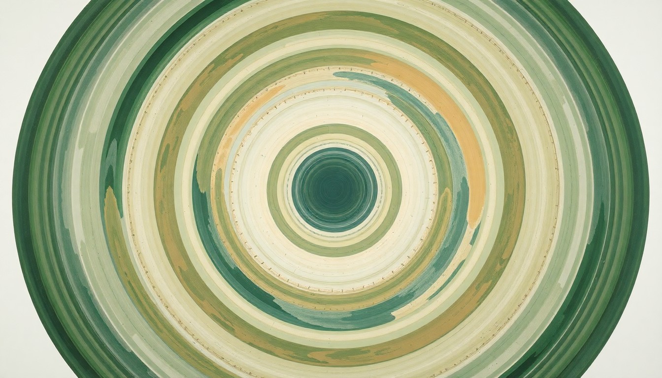 A highly structured abstract painting in muted earth tones, featuring sweeping geometric arcs, concentric circles, and precise botanical spirals, conceptually representing the interconnected nature of parallel universes and the multiverse.