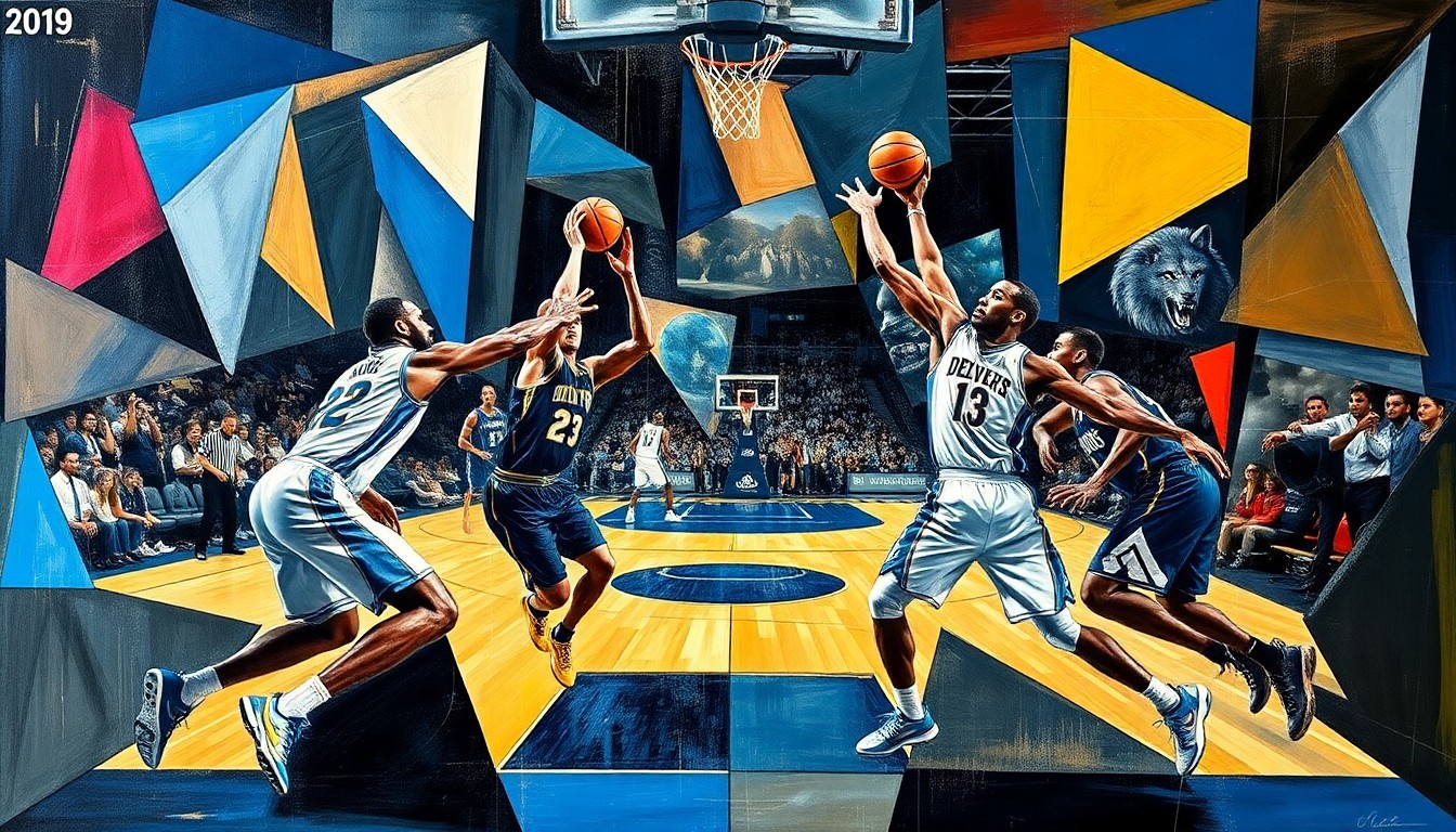A fractured, multi-perspective painting that breaks down a basketball game between the Denver Nuggets and Minnesota Timberwolves into sharp, overlapping geometric planes, with the players' forms deconstructed and their movements expressed through the angular shapes.