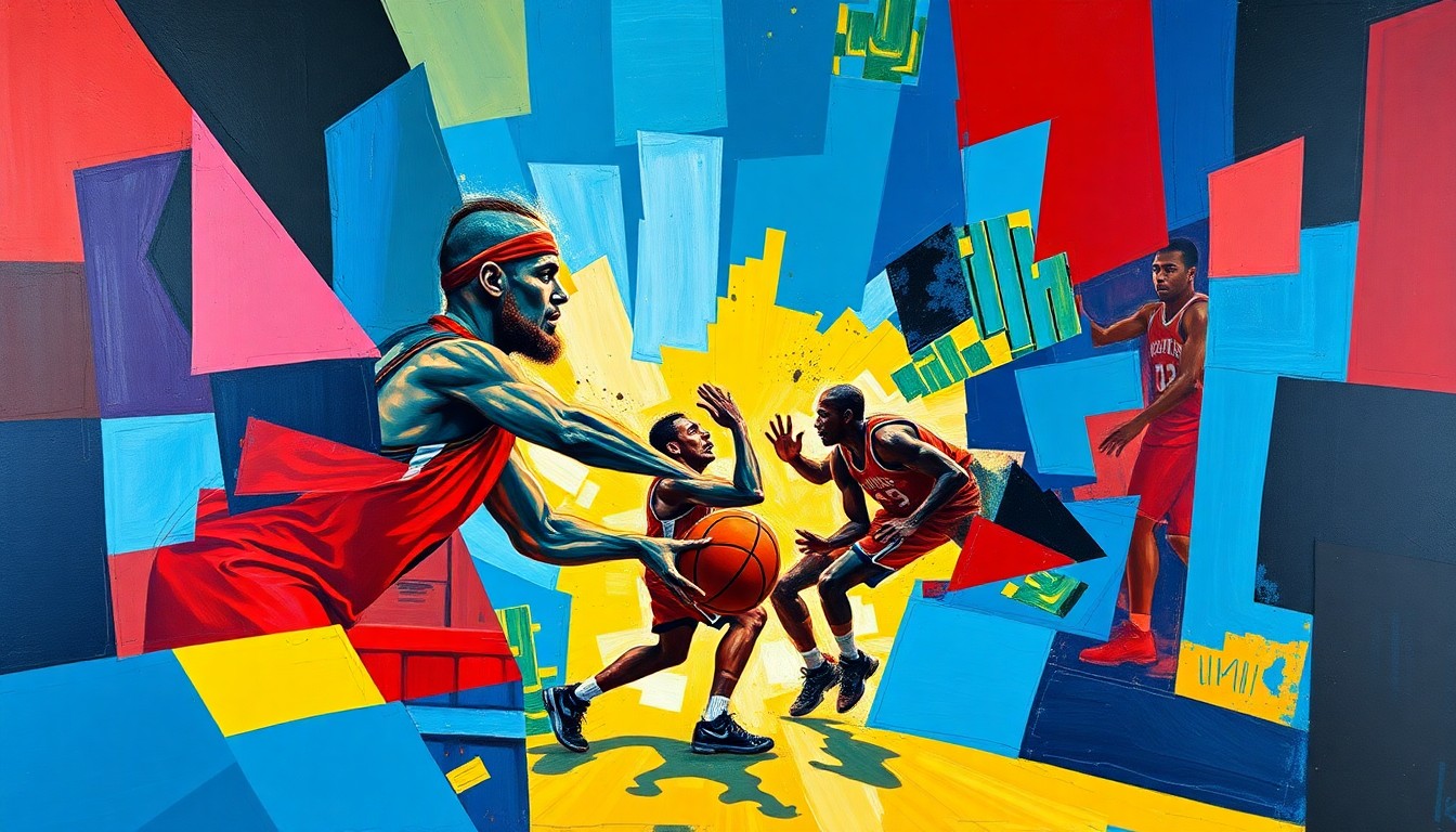A fragmented, geometric painting depicting the confrontation between two basketball players, using bold colors and sharp, overlapping shapes to capture the intensity of the moment.
