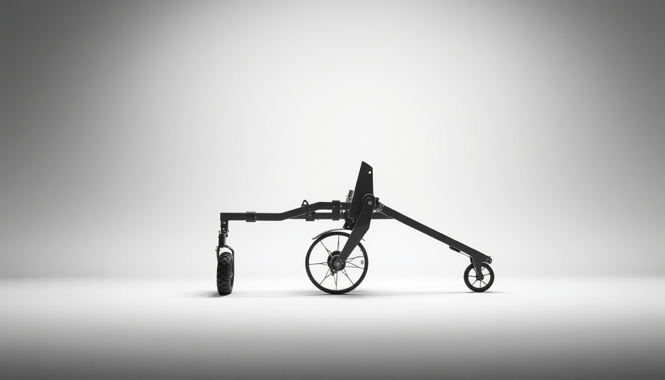 A highly detailed, photorealistic studio still-life image of a polished, geometric no-till farming tool or implement, such as a precision planter or strip-till cultivator, arranged elegantly on a clean, monochromatic background, using dramatic lighting and shadows to highlight the advanced technology behind modern no-till farming equipment.